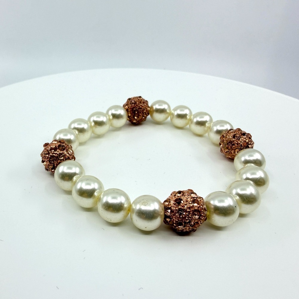 Glam Rose Gold Faux Pearl Stretch Bracelet with Crystal Pave Beads